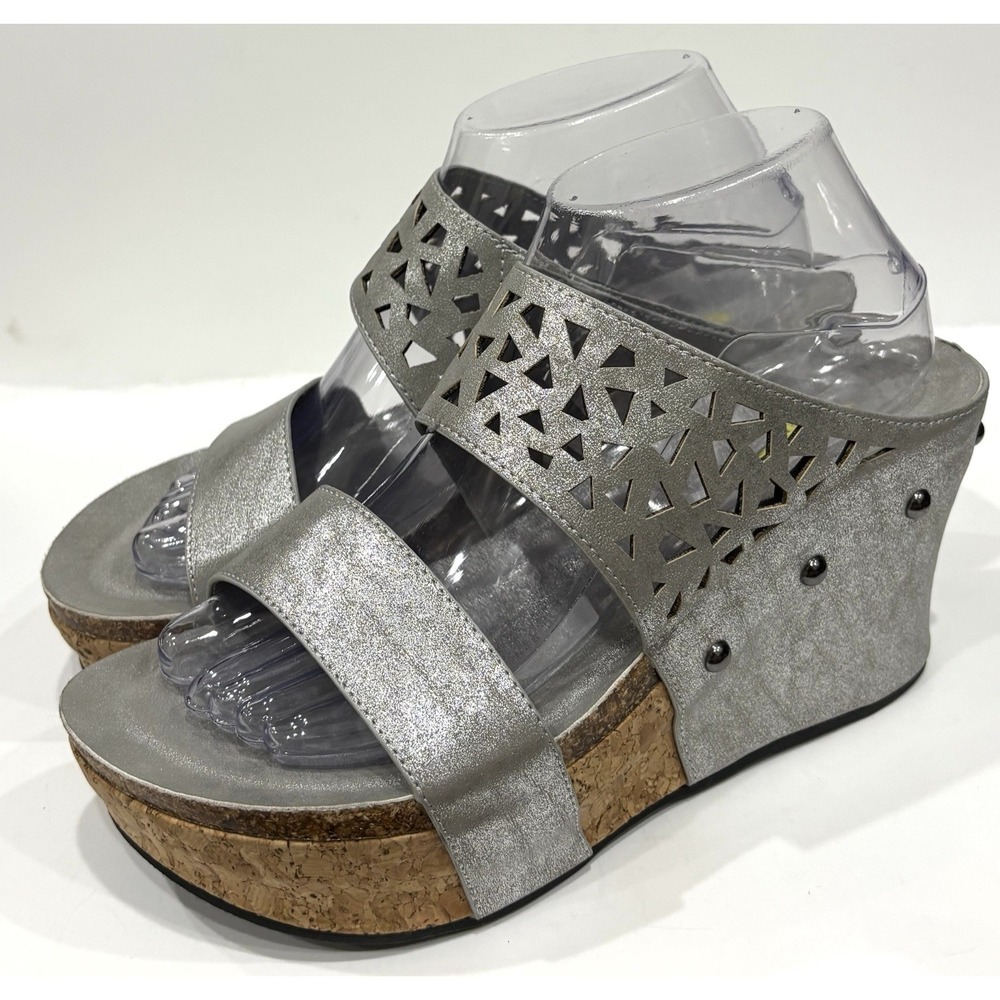 Volatile Women's Size 9 Silver Metallic Cork Platform Wedge Sandals Cutout